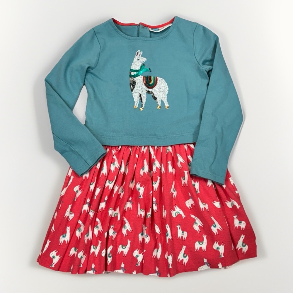 Mini Boden Girls Alpaca Llama Dress 8-9 Pink Blue Sequins 100% Cotton Whimsical